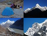 Rolwaling 06 03 Kabug Campsite, Kang Nachugo Early Morning, Gauri Shankar South Face And Gauri Shankar South Summit Upper left: Pasang brings my breakfast at our campsite at Kabug, south of the terminal moraine from Tsho Rolpa. Upper right: Kang Nachugo east face just after sunrise, seen from Kabug. Lower left: The trail climbs steeply for an hour from Kabug above the Tsho Rolpa with good views back towards Kang Nachugo.. Lower right: The south peak of Gauri Shankar stuck its head above the intervening ridges on the trail from Kabug to the Trakarding Glacier.